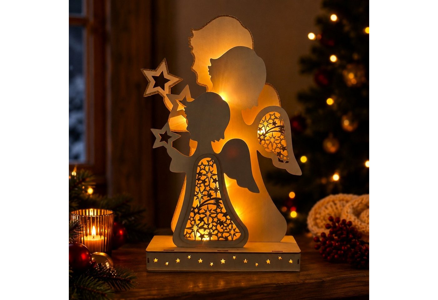 Online-Fuchs LED Dekofigur großer Engel aus Holz mit LED-Beleuchtung und Timer - Weihnachtsdeko, leichte 3D-Optik mit Hologrammfolie, 12 warmweiße LEDs, inklusive 6-Stunden Timerfunktion - 49 cm groß Bild 2