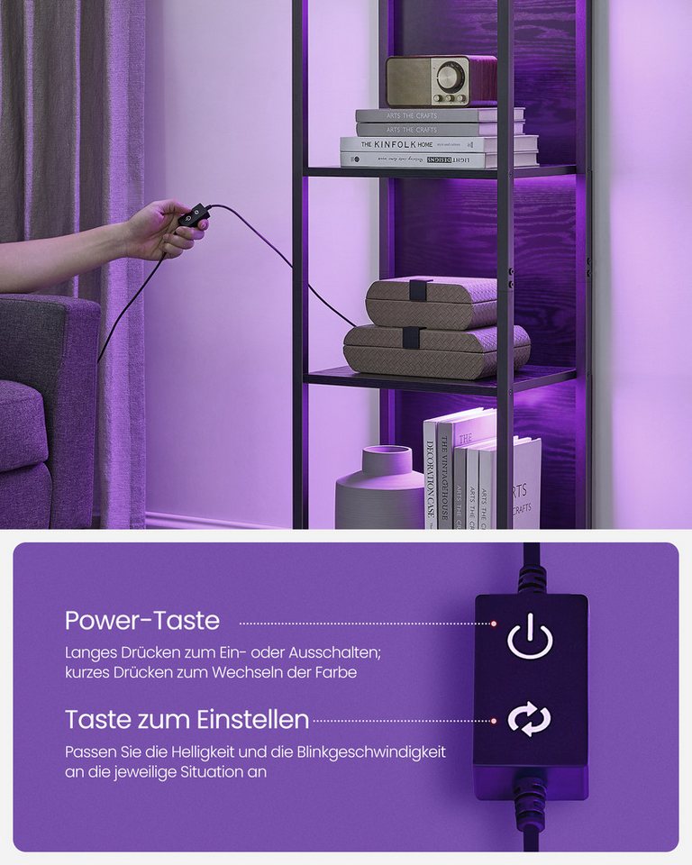 VASAGLE Bücherregal Standregal, mit 6 Ebenen, Standregal mit einstellbarer LED-Beleuchtung, Regal Bild 2
