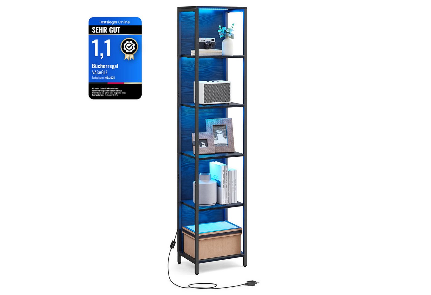 VASAGLE Bücherregal Standregal, mit 6 Ebenen, Standregal mit einstellbarer LED-Beleuchtung, Regal Bild 3