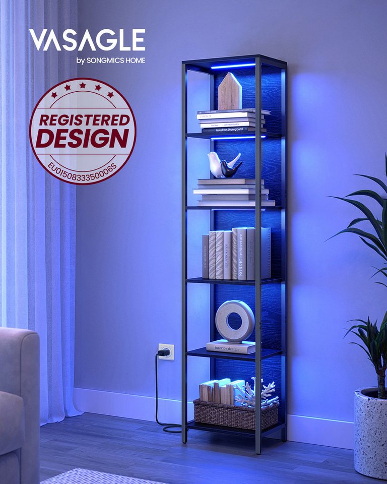 VASAGLE Bücherregal Standregal, mit 6 Ebenen, Standregal mit einstellbarer LED-Beleuchtung, Regal Bild 5
