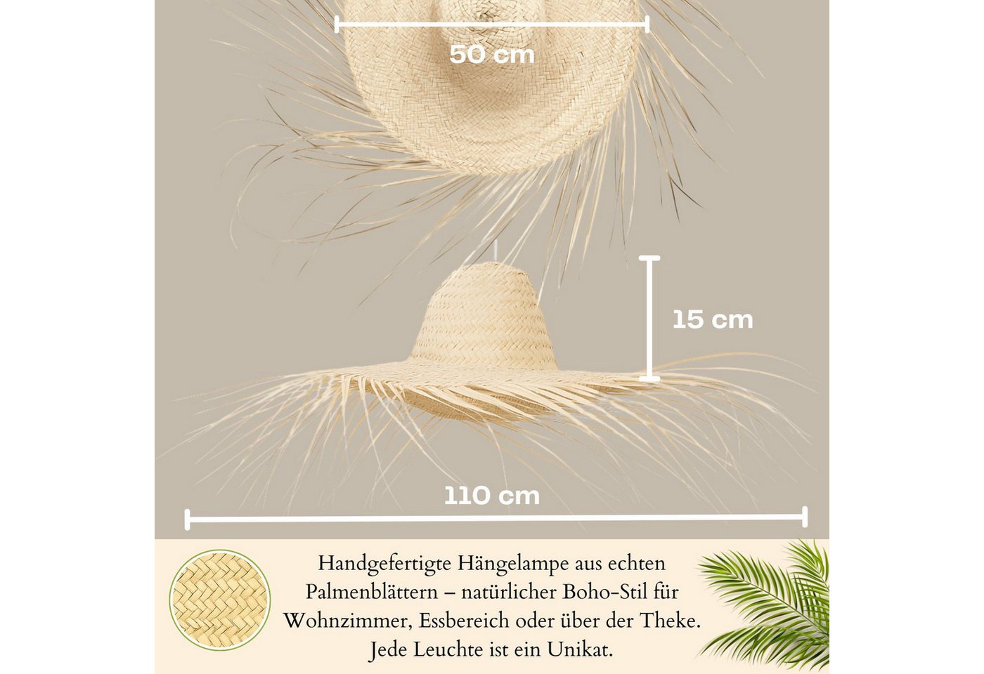 Marrakesch Orient & Mediterran Interior Pendelleuchte Boho Pendelleuchte Toluca handgefertigt aus Palmenblatt in Natur 50 cm, Handarbeit Bild 2