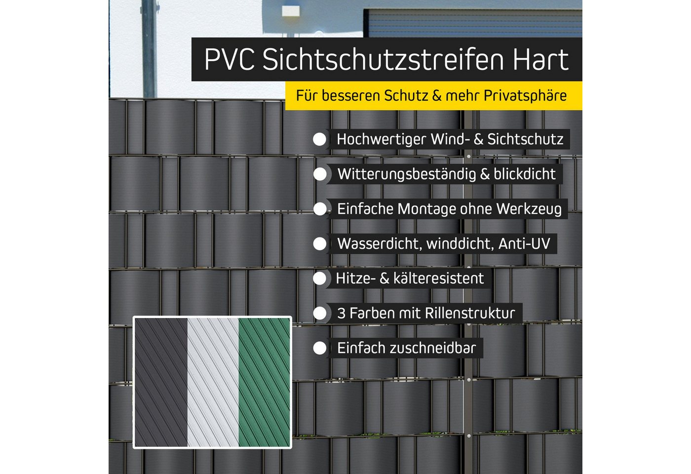 paramondo Sichtschutzstreifen PVC Sichtschutzstreifen Hart, 19 cm x 2,525 m, grau, 10 Stück, (Set, 10-St., 10 Stück), langlebig, witterungsbeständig, blickdicht, kürzbar