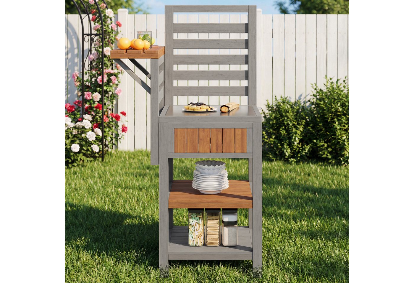 Flieks Garten-Geräteschrank, BxT: 74x54 cm, Gartenschrank mit Edelstahl-Arbeitsplatte & doppeltem Ablageboden