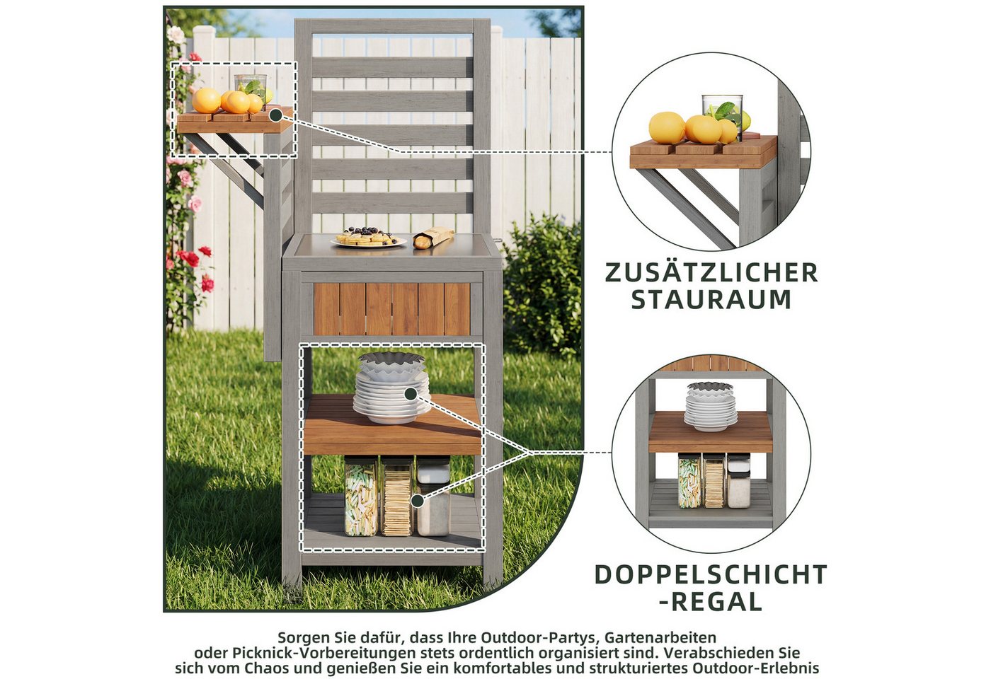 Flieks Garten-Geräteschrank, BxT: 74x54 cm, Gartenschrank mit Edelstahl-Arbeitsplatte & doppeltem Ablageboden Bild 3