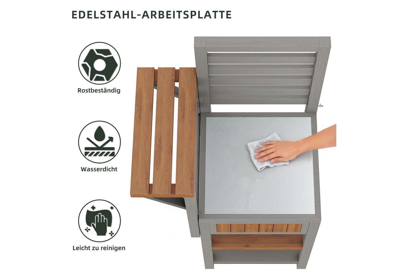Flieks Garten-Geräteschrank, BxT: 74x54 cm, Gartenschrank mit Edelstahl-Arbeitsplatte & doppeltem Ablageboden Bild 4