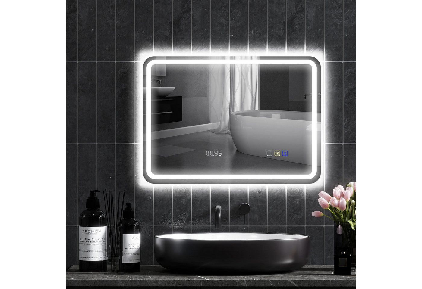 BAYMATE Badspiegel Bluetooth-Badezimmerspiegel mit LED-Beleuchtung, 50 x 70 cm (beleuchteter Wandspiegel mit Uhr, beschlagfrei, silber)