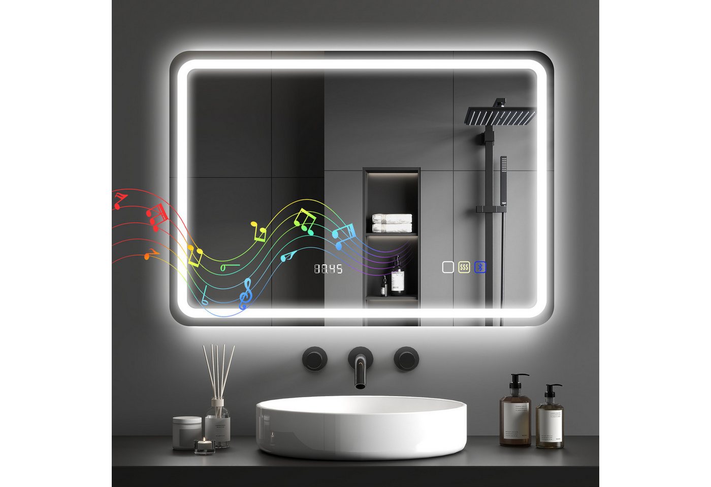 BAYMATE Badspiegel Bluetooth-Badezimmerspiegel mit LED-Beleuchtung, 50 x 70 cm (beleuchteter Wandspiegel mit Uhr, beschlagfrei, silber) Bild 2