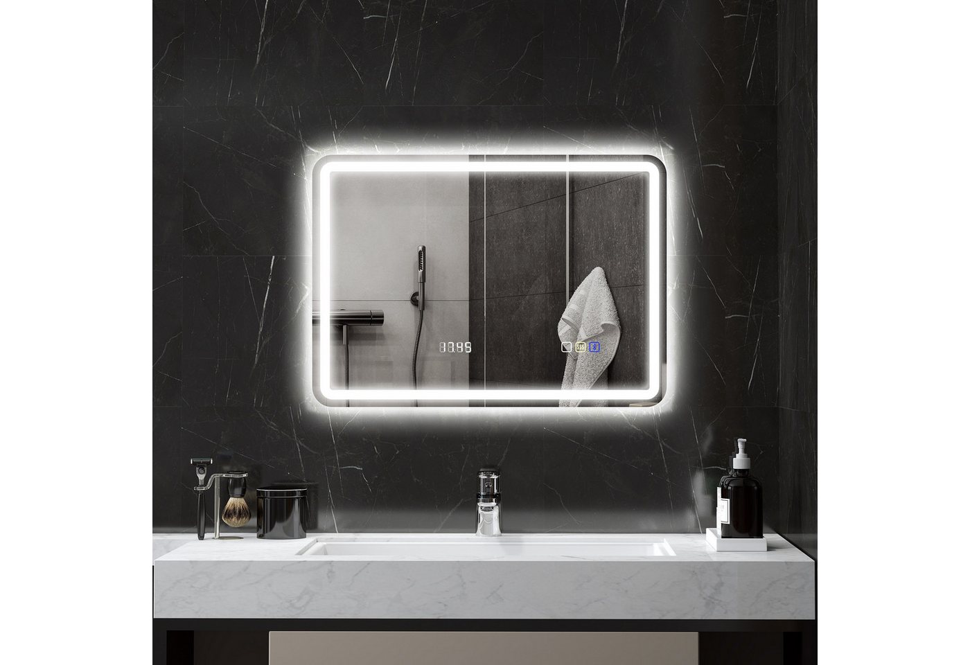 BAYMATE Badspiegel Bluetooth-Badezimmerspiegel mit LED-Beleuchtung, 50 x 70 cm (beleuchteter Wandspiegel mit Uhr, beschlagfrei, silber) Bild 3