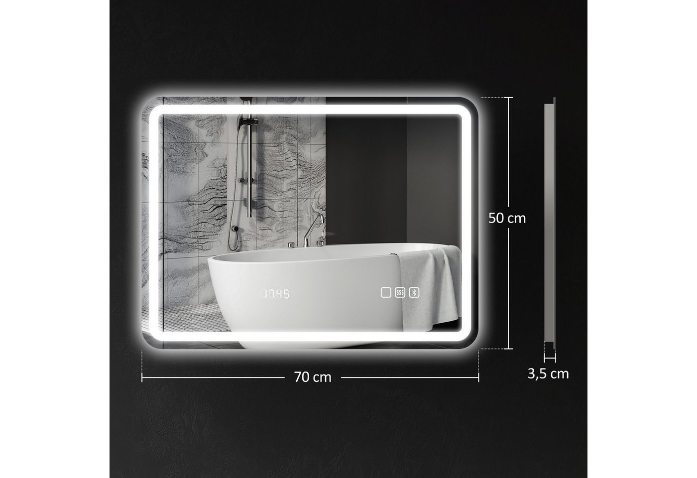 BAYMATE Badspiegel Bluetooth-Badezimmerspiegel mit LED-Beleuchtung, 50 x 70 cm (beleuchteter Wandspiegel mit Uhr, beschlagfrei, silber) Bild 4