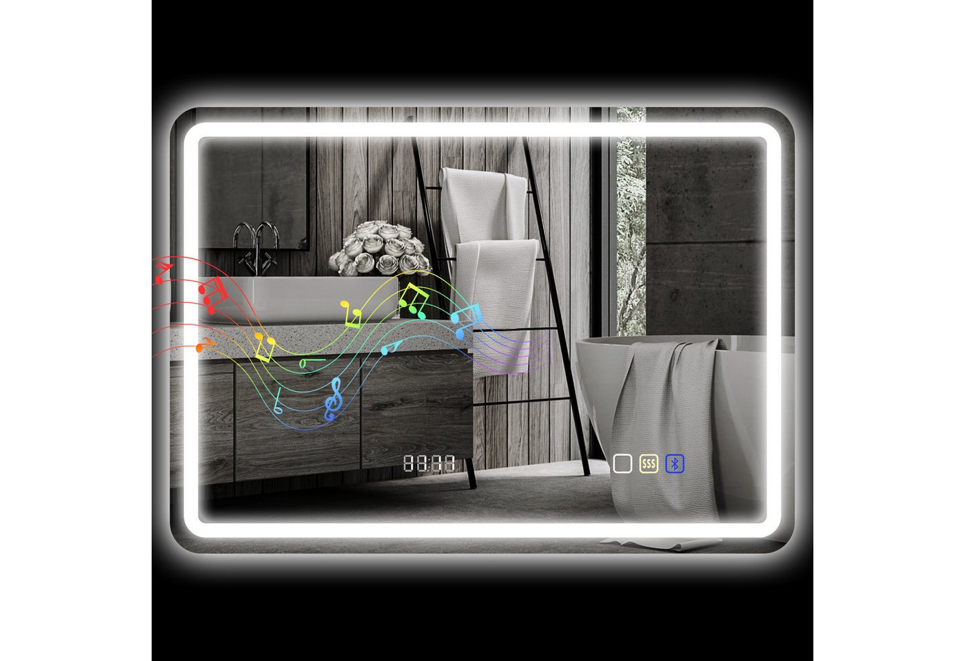 BAYMATE Badspiegel Bluetooth-Badezimmerspiegel mit LED-Beleuchtung, 50 x 70 cm (beleuchteter Wandspiegel mit Uhr, beschlagfrei, silber) Bild 5