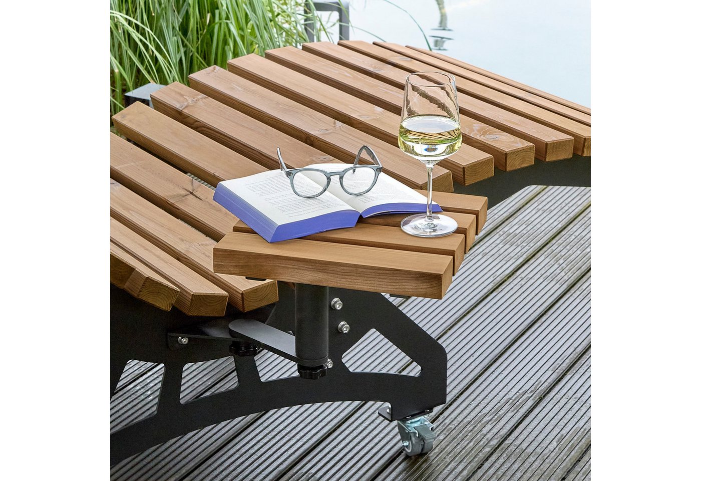 SO-TECH® Anbautisch Ablage für Gartenliege LOUNGER, komplett mit Holzlatten, 1St., Stahl verzinkt schwarz pulverbeschichtet + Thermokiefer Bild 5