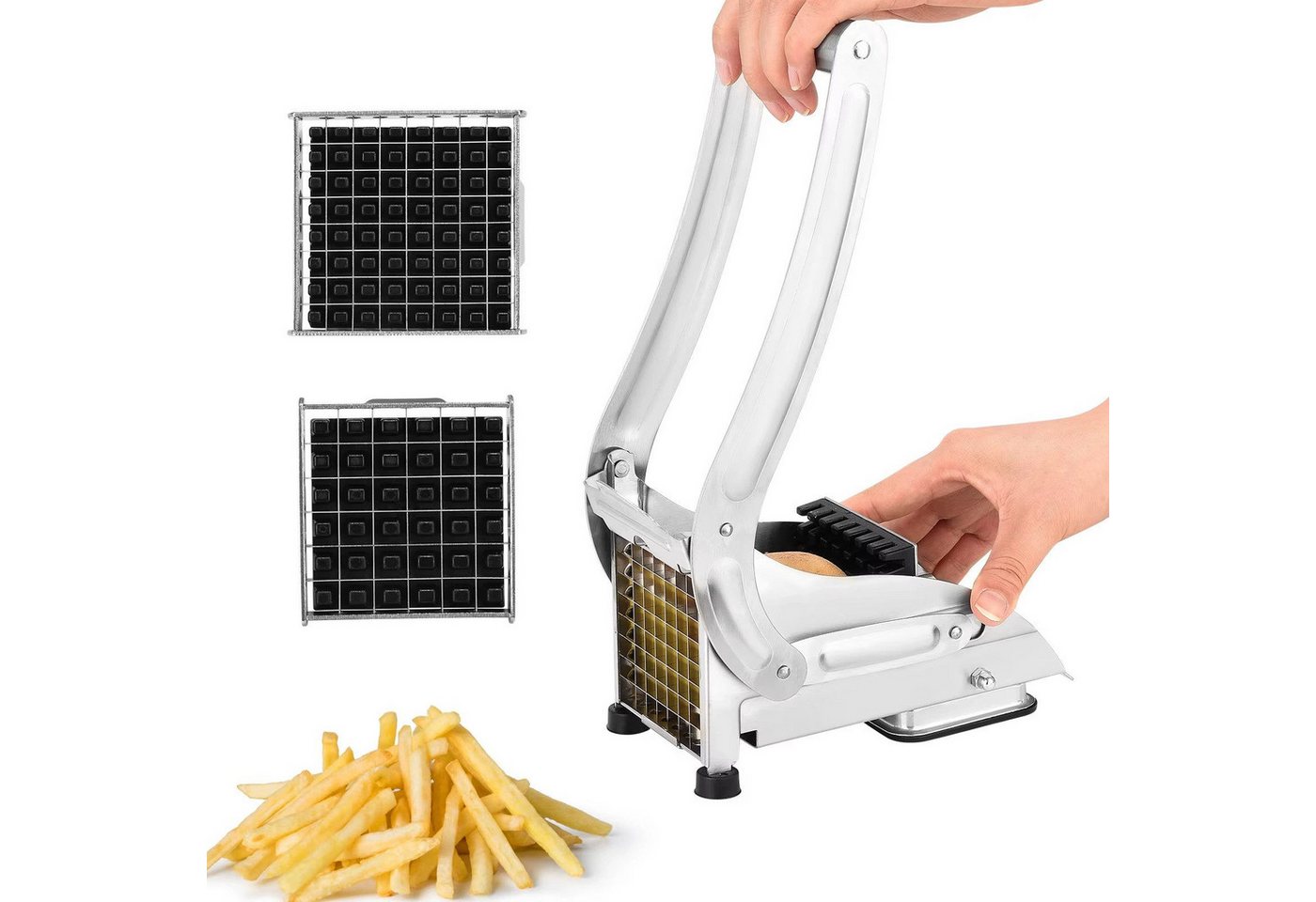 Fyrove Pommesschneider Pommesschneider Edelstahl Kartoffelschneider mit Schneideeinsätzen, Gemüseschneider Pommes Frites Schneider mit Rutschfester Saugbasis