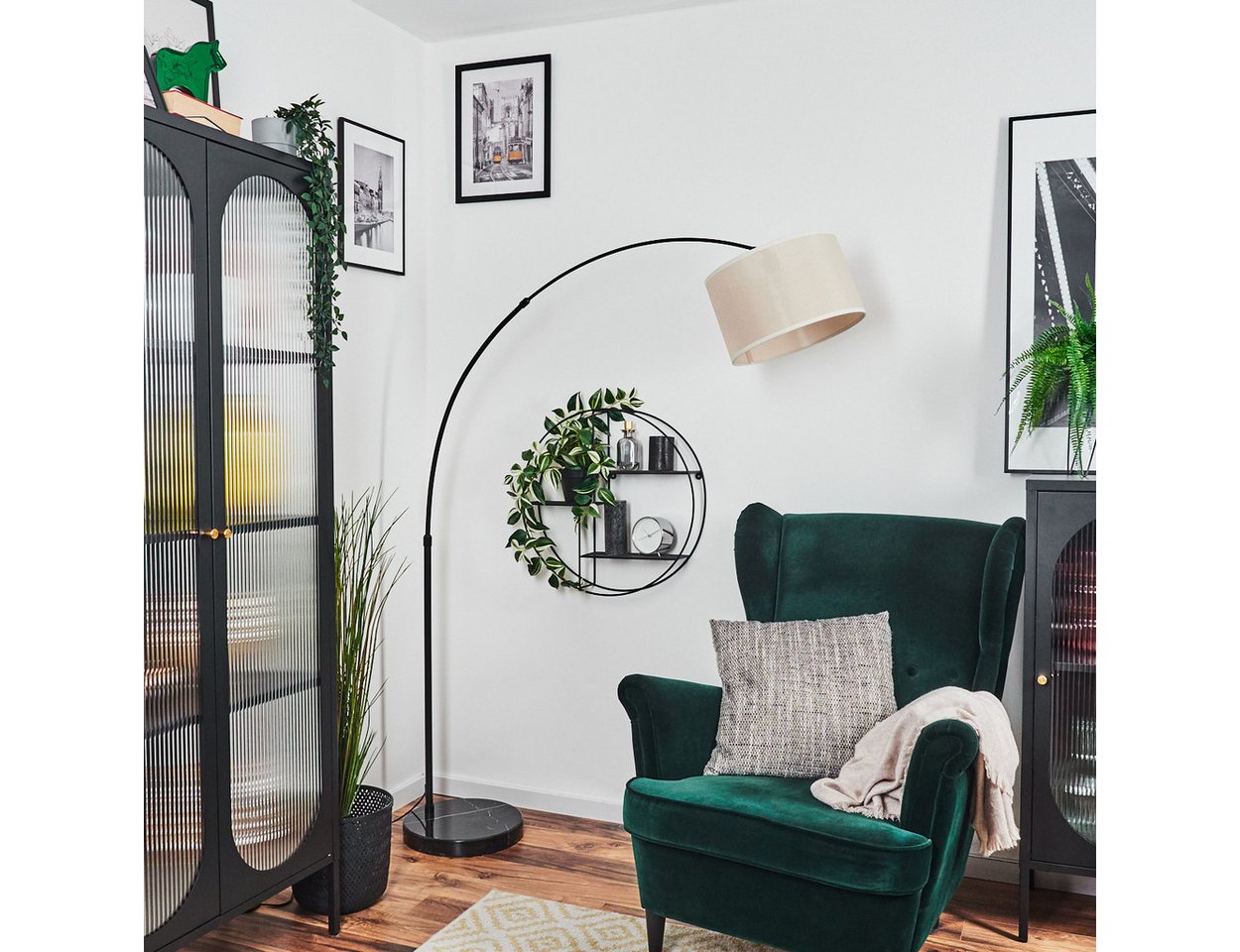 hofstein Bogenlampe Stehlampe mit Marmorfuß aus Metall/Stoff in Schwarz/Beige/Weiß, verstellbare Stehleuchte im modernen Design, Ø 35 cm, Fußschalter, E27