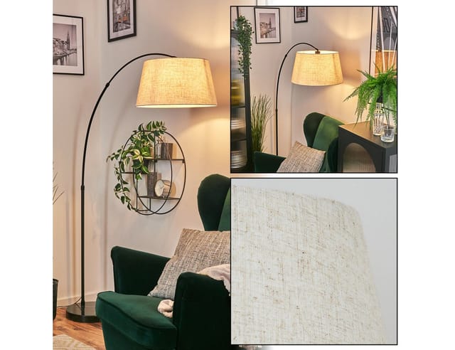 hofstein Bogenlampe Stehlampe mit Marmorfuß aus Metall/Stoff in Schwarz/Beige/Weiß, verstellbare Stehleuchte im modernen Design, Ø 45 cm, Fußschalter, E27