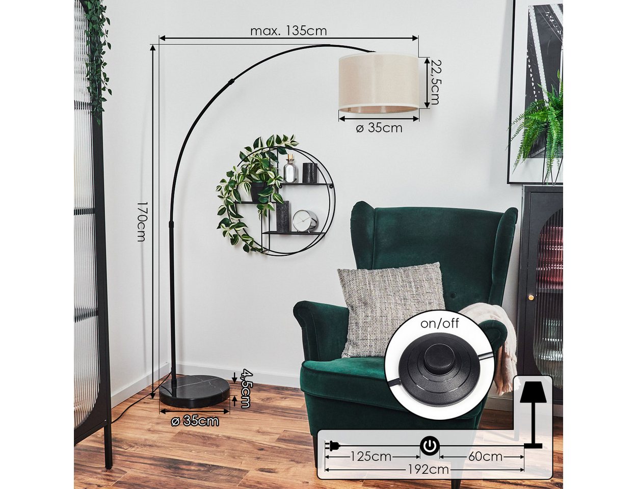 hofstein Bogenlampe Stehlampe mit Marmorfuß aus Metall/Stoff in Schwarz/Beige/Weiß, verstellbare Stehleuchte im modernen Design, Ø 35 cm, Fußschalter, E27 Bild 3