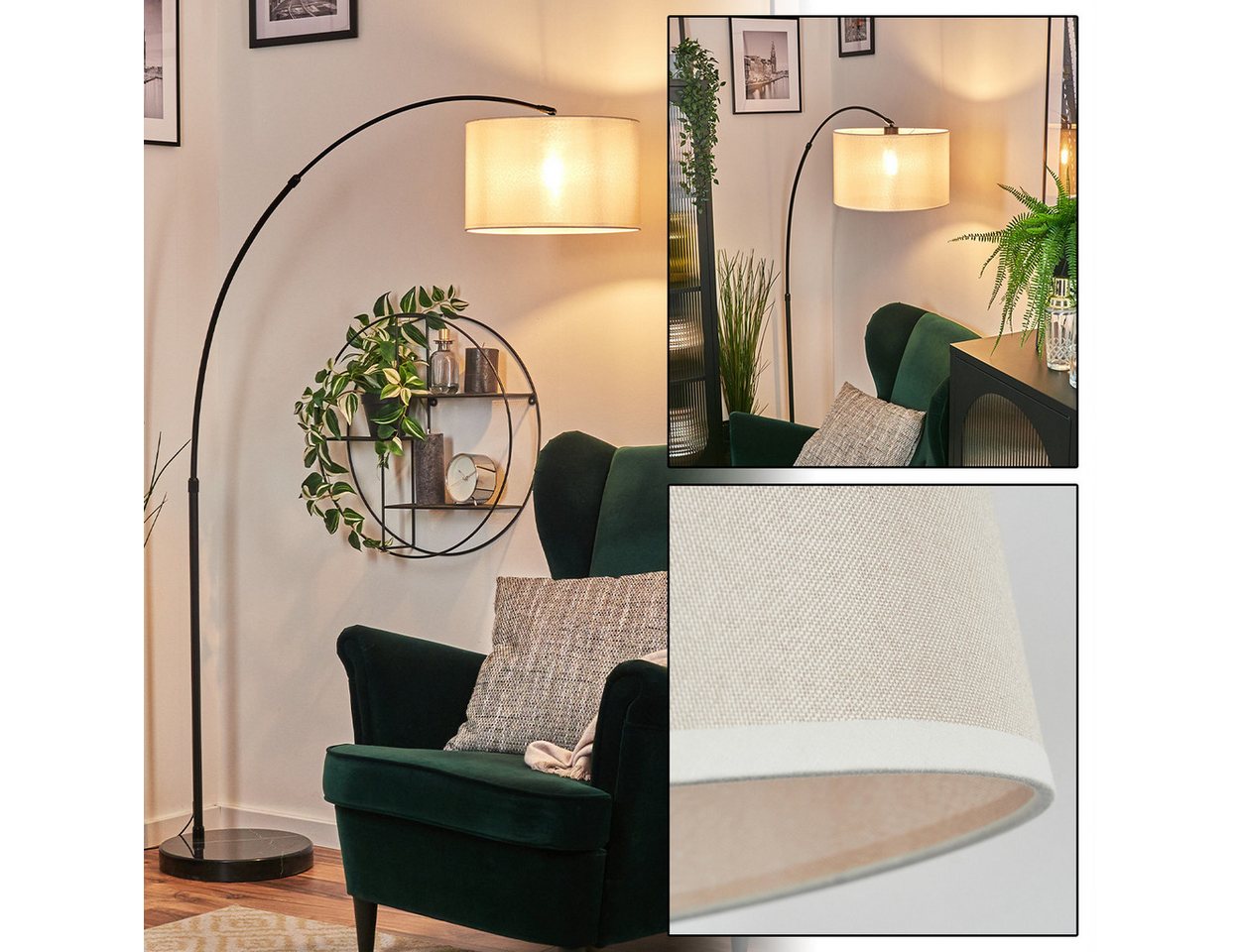 hofstein Bogenlampe Stehlampe mit Marmorfuß aus Metall/Stoff in Schwarz/Beige/Weiß, verstellbare Stehleuchte im modernen Design, Ø 35 cm, Fußschalter, E27 Bild 4