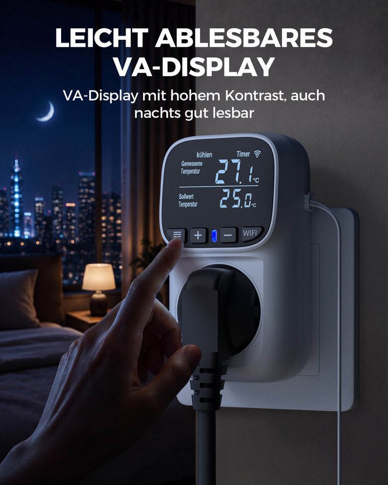 DEWENWILS Steckdosen-Thermostat Temperaturregler, Deutsches Display, WiFi Temperaturschalter mit Fühler, App Steuerung, LCD-Display