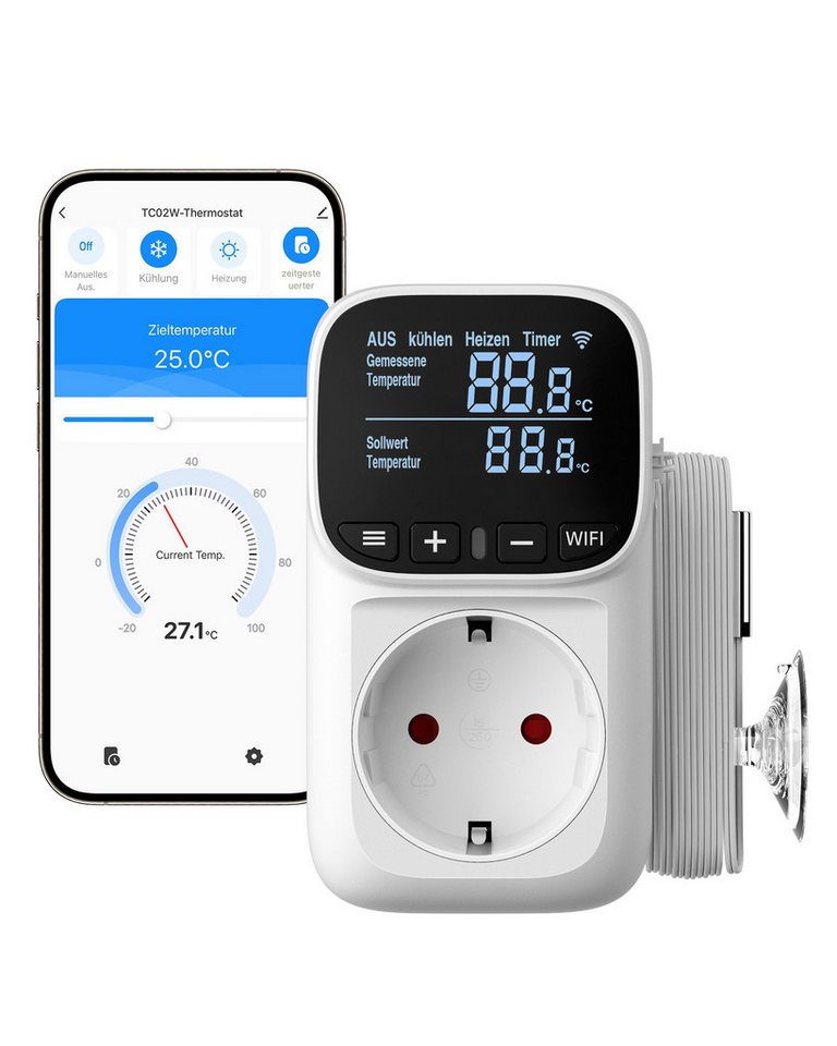 DEWENWILS Steckdosen-Thermostat Temperaturregler, Deutsches Display, WiFi Temperaturschalter mit Fühler, App Steuerung, LCD-Display Bild 2