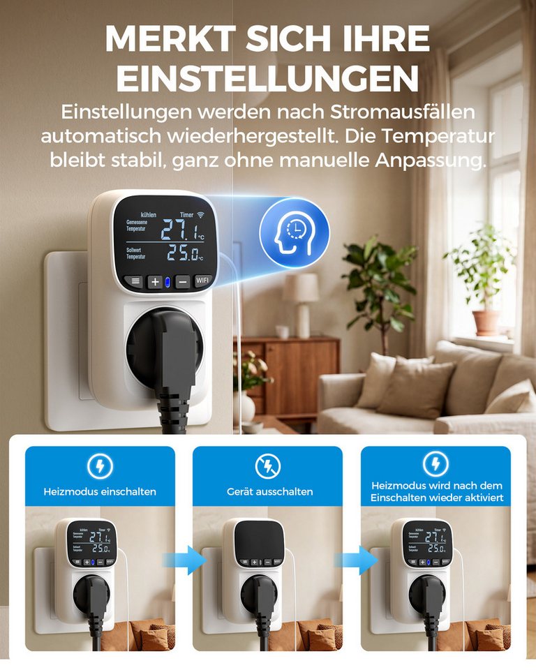 DEWENWILS Steckdosen-Thermostat Temperaturregler, Deutsches Display, WiFi Temperaturschalter mit Fühler, App Steuerung, LCD-Display Bild 4
