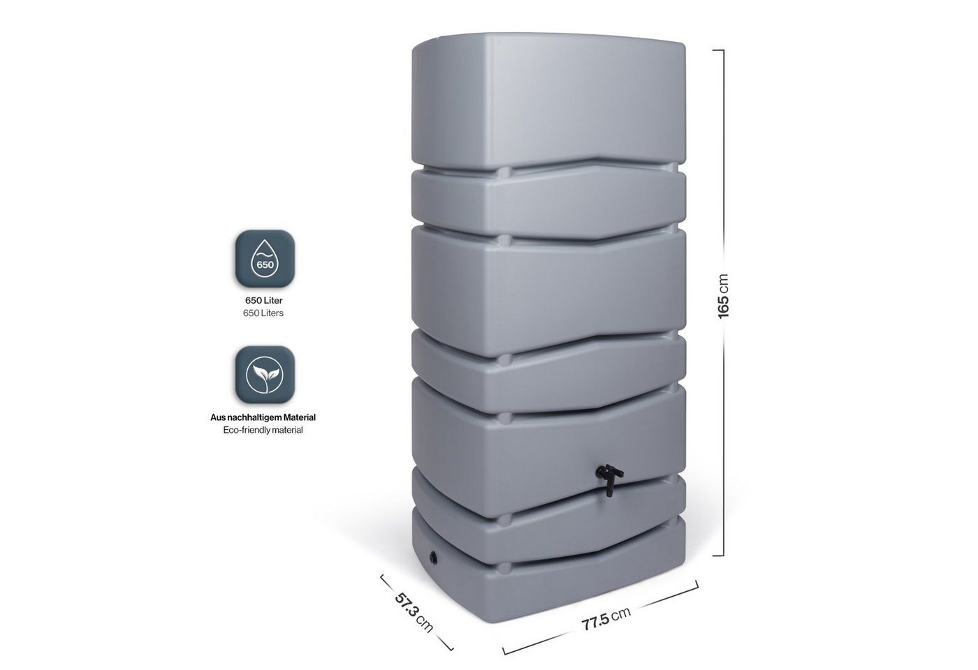 Kreher Regentonne 2 x 'Aqua Tower' 650 Liter mit Hahn in Grau/Anthrazit (Farbe wählbar), 650 l