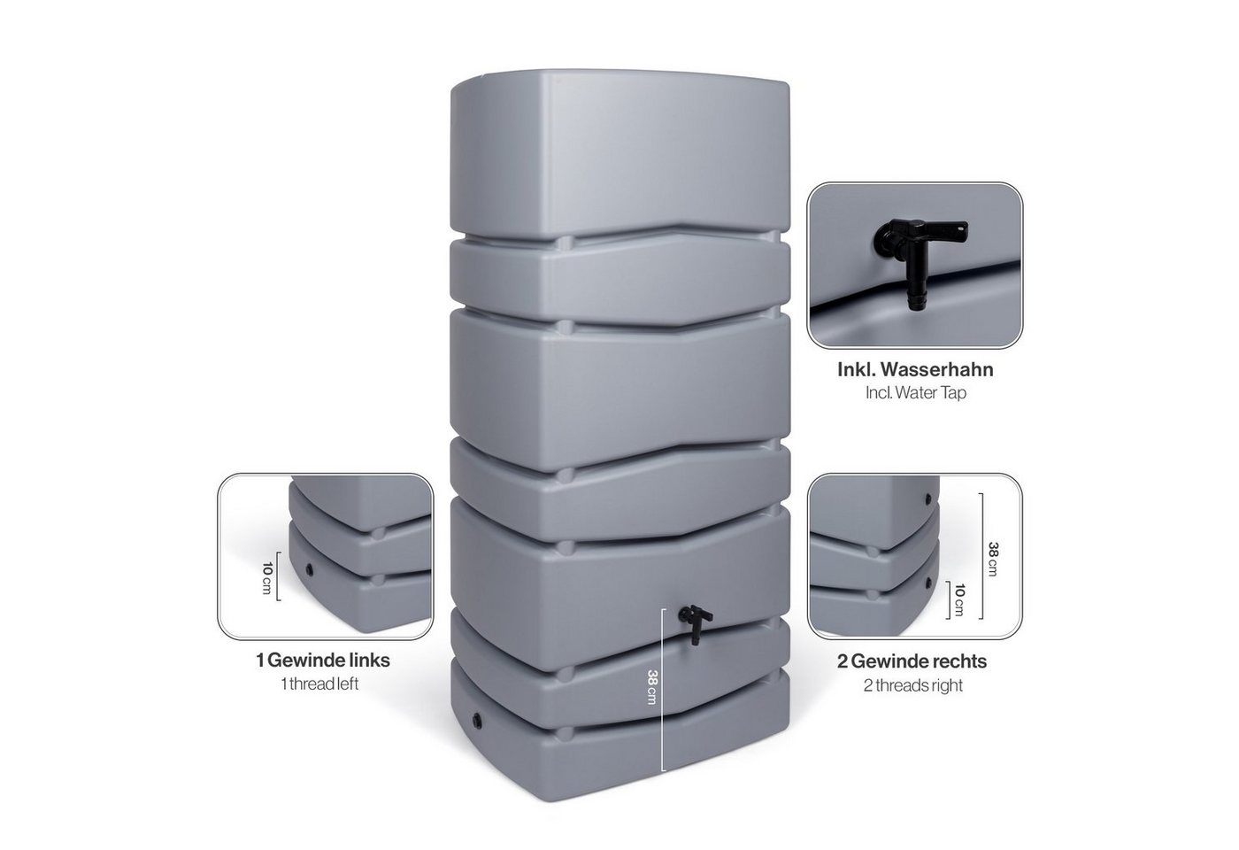 Kreher Regentonne 2 x 'Aqua Tower' 650 Liter mit Hahn in Grau/Anthrazit (Farbe wählbar), 650 l Bild 2