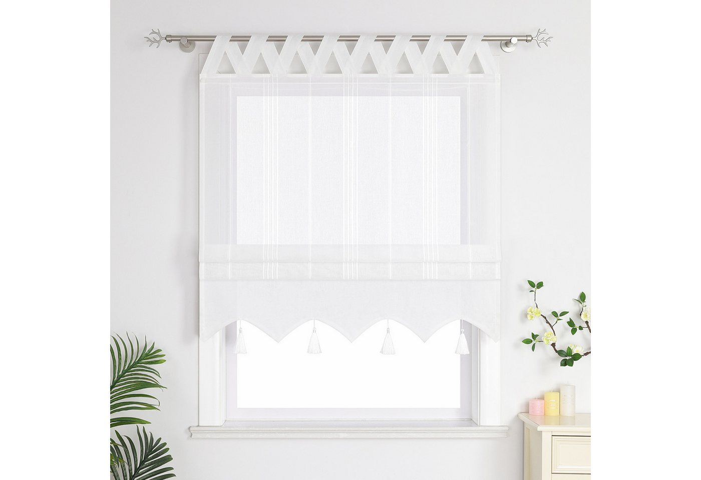 Delien Raffrollo Catrin Bindegardine Rollo im Landhausstil, mit Schlaufen, Gardinenstange, Freihängend, mit Bindebändern in der Höhe verstellbar, Halbtransparent in Leinenoptik mit V-Schlaufen, Streifen und Quasten Bild 5