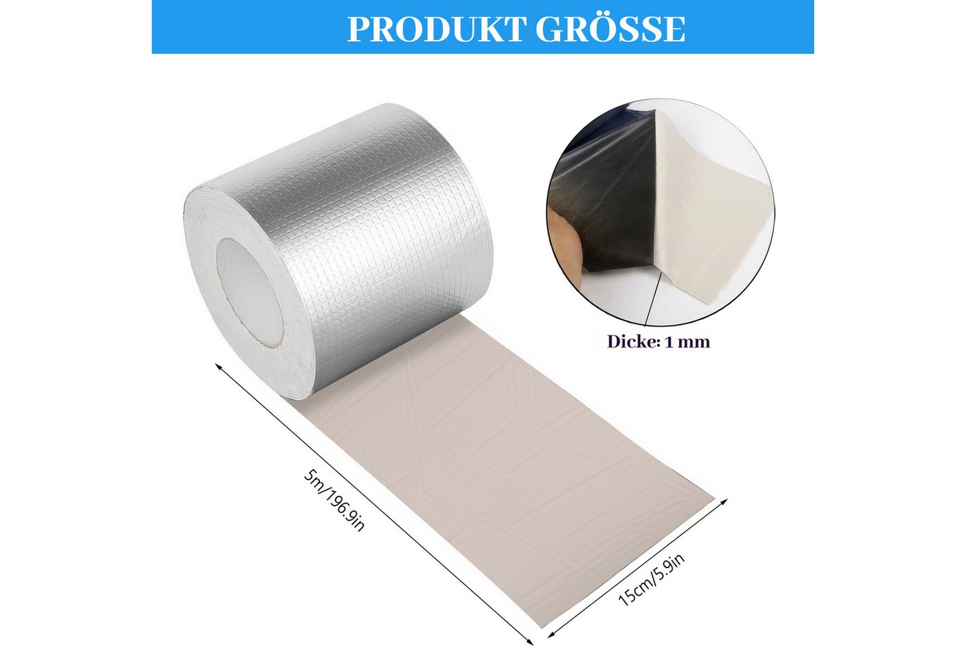 BlingBin Dichtungsband Selbstklebendes Aluminium Butyl-Reparaturband, (1 Stück, 1-St., 15 cm x 5 m x 1 mm), wasserdicht zum Abdichten und Befestigen gegen Undichtigkeiten Bild 2