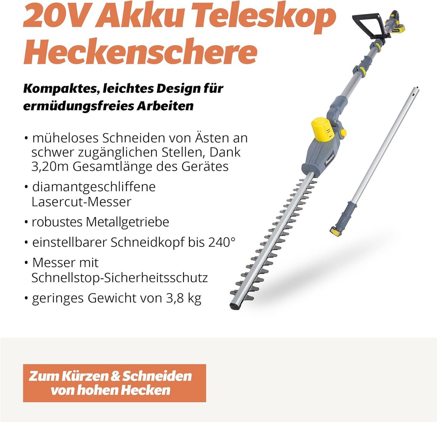 Fanztool Akku-Heckenschere Akku-Heckenschere mit extra Verlängerungsstange bis 5 m + 20V Akku, bis 4.5 m Arbeitshöhe