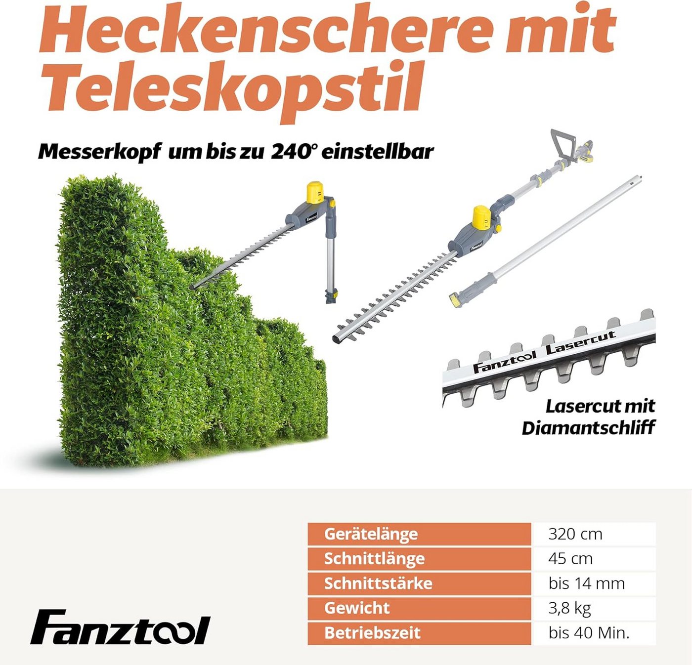 Fanztool Akku-Heckenschere Akku-Heckenschere mit extra Verlängerungsstange bis 5 m + 20V Akku, bis 4.5 m Arbeitshöhe Bild 5