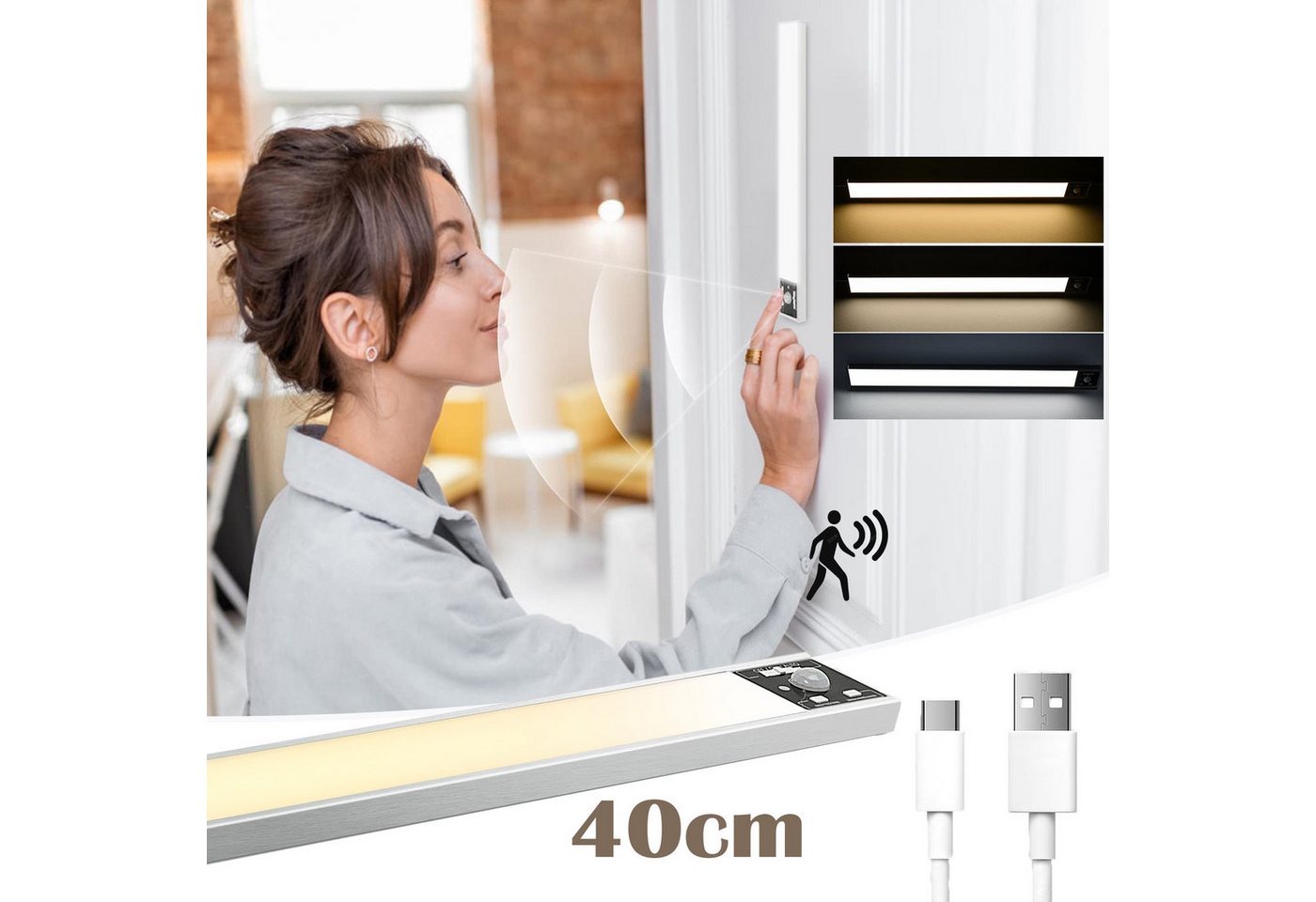 MUPOO LED Lichtleiste LED Nachtlicht LED Unterbauleuchte 78/120/172 LEDs, USB-Betrieben, 40 CM/172 LEDs/500LM, LED fest integriert, Magnetisch,Kabellos, mit bewegungsmelder,Kaltweiß, Warmweiß, Naturweiß