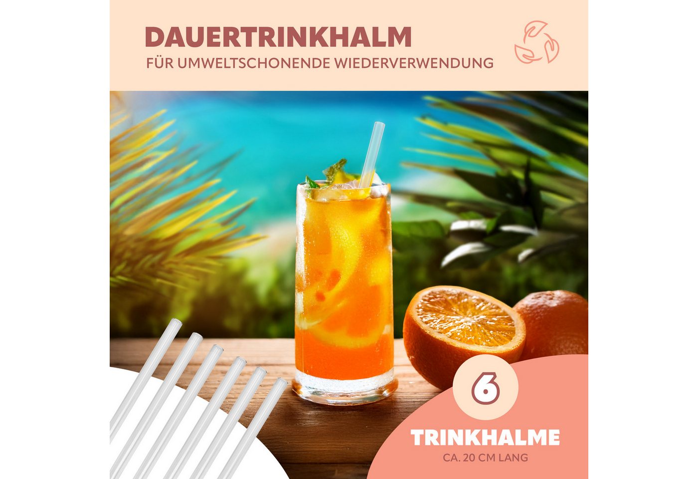 bremermann Trinkhalme 6er Glas-Trinkhalme, 20 cm Länge, wiederverwendbar, transparent inkl.