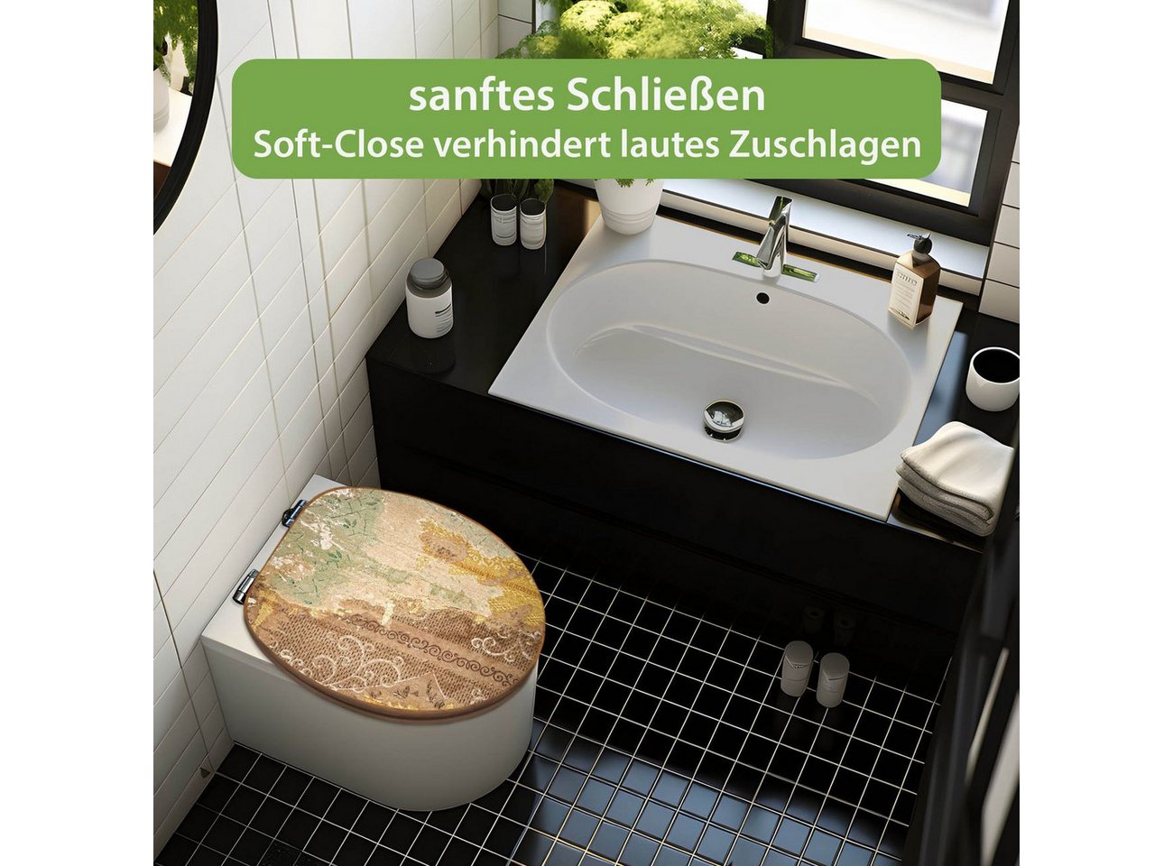 banjado WC-Sitz aus Bambus mit Absenkautomatik Motiv Alte Tapeten (umweltfreundliches Material, integrierte Absenkautomatik), 45,8 x 37,5 x 5 cm