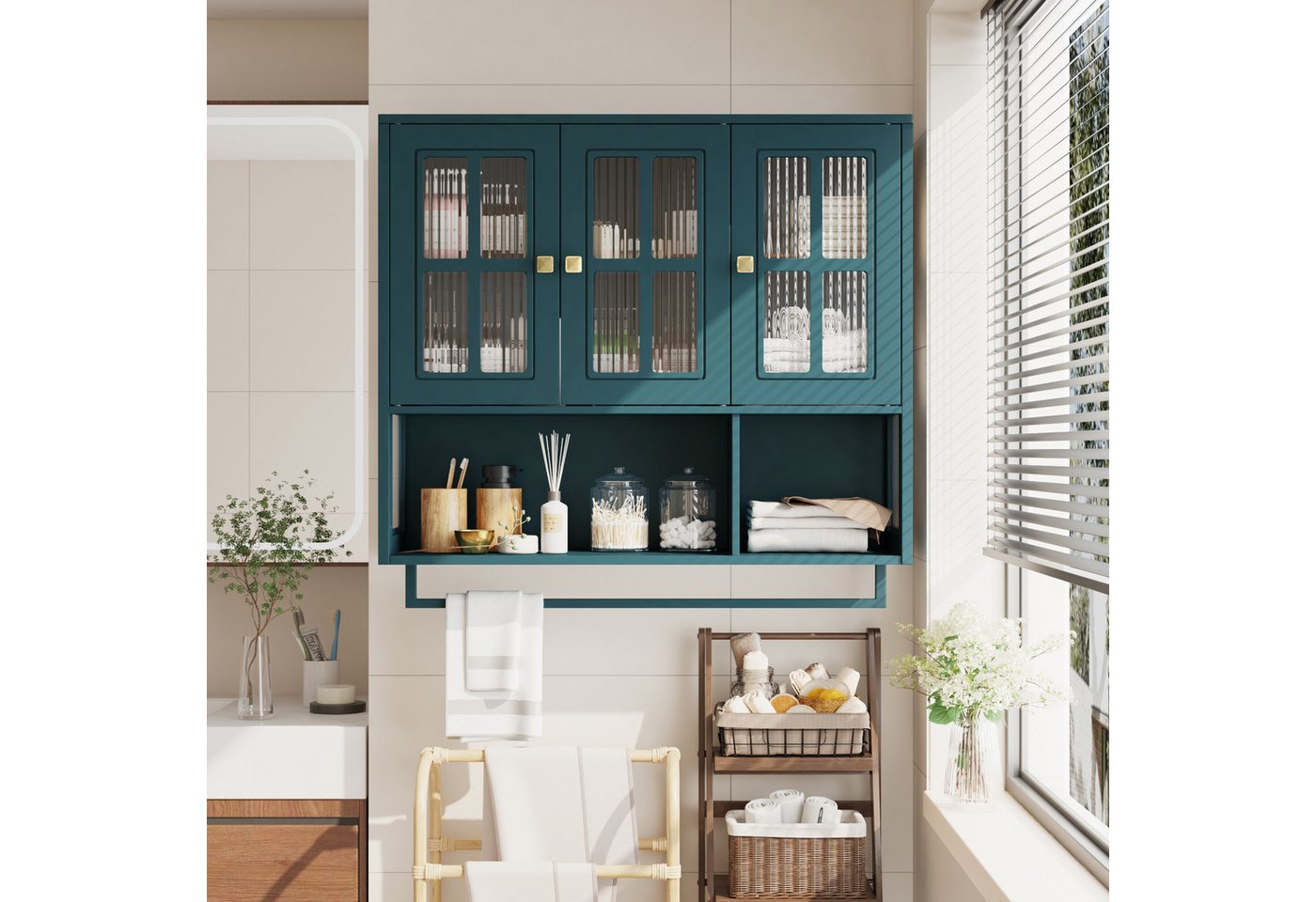 MODFU Hängeschrank mit 3 Türen und Handtuchhalter (Badezimmerschrank,Praktische Wandaufbewahrung mit Flügeltür aus Glas und großzügigem Stauraum, modernes Hängevitrine-Design aus MDF)