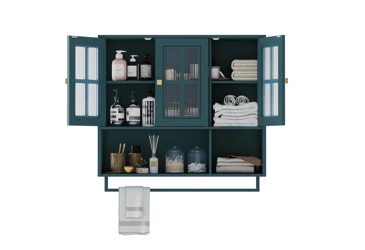 MODFU Hängeschrank mit 3 Türen und Handtuchhalter (Badezimmerschrank,Praktische Wandaufbewahrung mit Flügeltür aus Glas und großzügigem Stauraum, modernes Hängevitrine-Design aus MDF) Bild 2