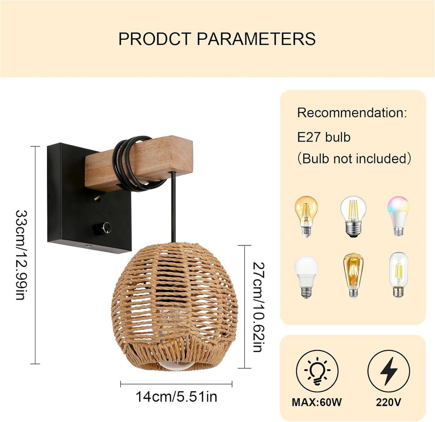 Riserva Wandleuchte Wandleuchte Innen E27 Holz Rattan-Optik Schwarz mit Schalter