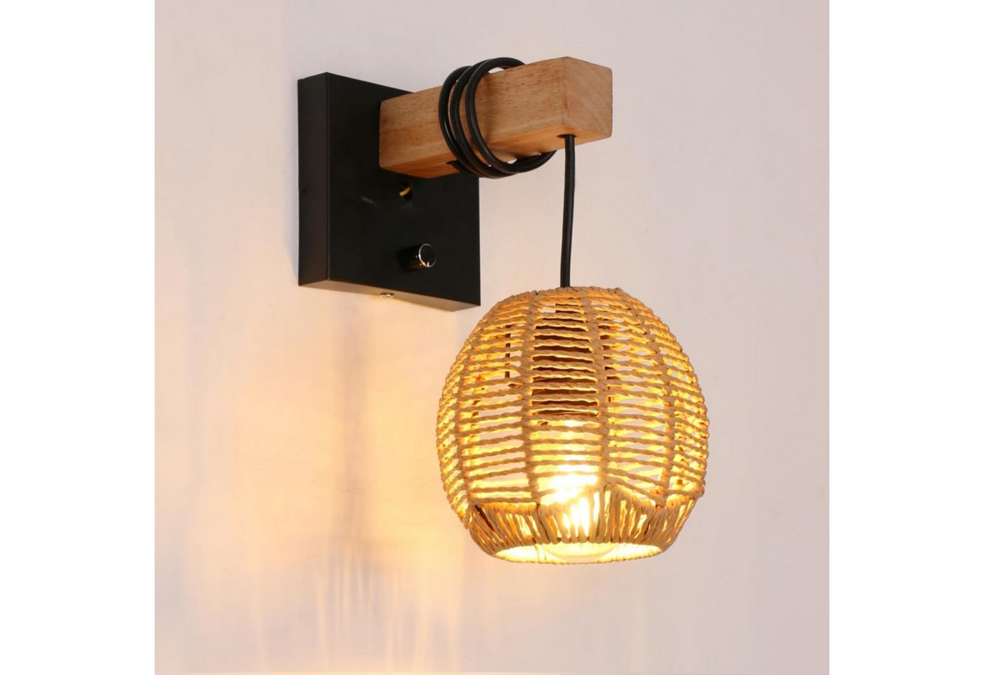 Riserva Wandleuchte Wandleuchte Innen E27 Holz Rattan-Optik Schwarz mit Schalter Bild 2