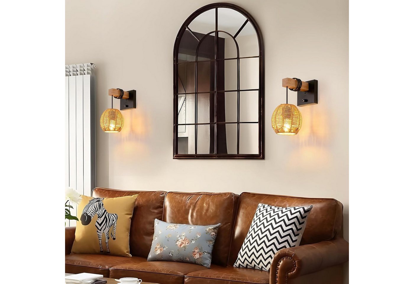 Riserva Wandleuchte Wandleuchte Innen E27 Holz Rattan-Optik Schwarz mit Schalter Bild 3