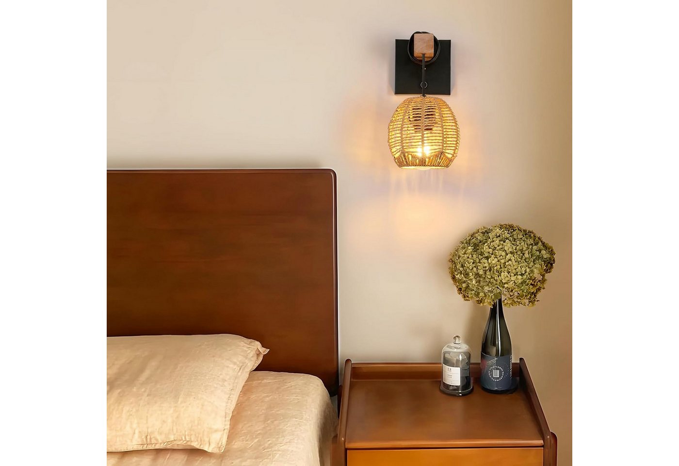 Riserva Wandleuchte Wandleuchte Innen E27 Holz Rattan-Optik Schwarz mit Schalter Bild 4