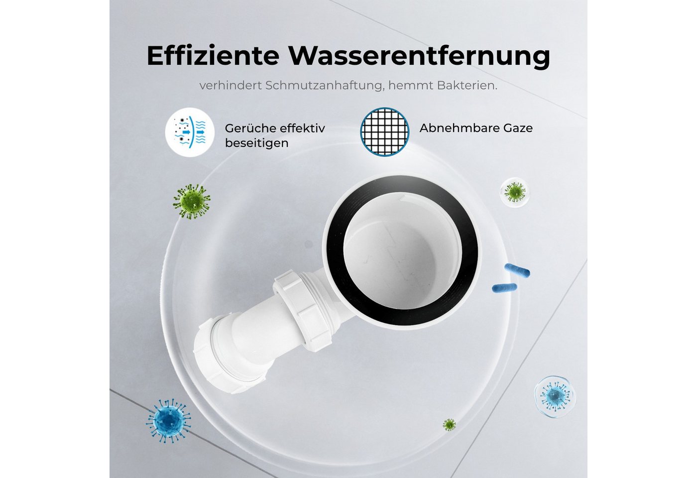 MEYKOERS Ablaufgarnitur für Duschwannen Ø 90 mm mit Siphon und Haarsieb Mit Geruchsverschluss, Edelstahl-Abdeckhaube und Ø 40 mm Anschluss Bild 4