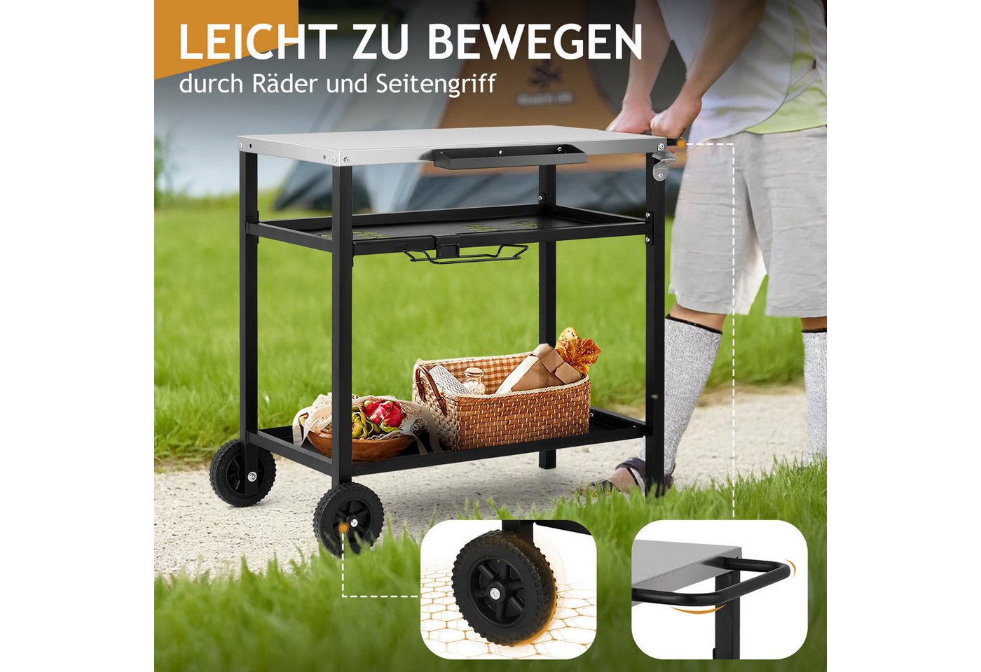 LALAHO Grillablagetisch Grilltisch Outdoor Schreibtisch aus Edelstahl Silber, Beistelltisch mit Rädern und Netzkorb, mobil, 95 x 61 x 83.5 cm