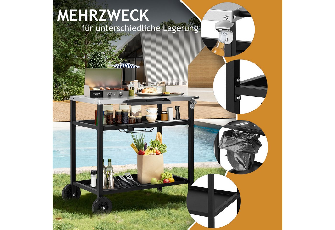 LALAHO Grillablagetisch Grilltisch Outdoor Schreibtisch aus Edelstahl Silber, Beistelltisch mit Rädern und Netzkorb, mobil, 95 x 61 x 83.5 cm Bild 2