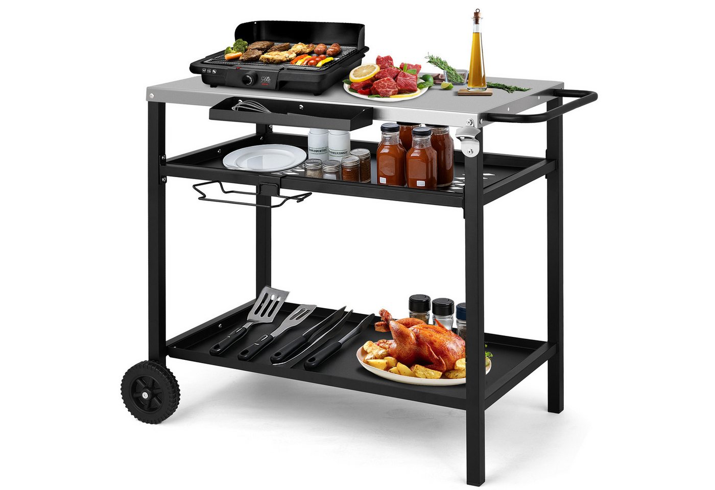 LALAHO Grillablagetisch Grilltisch Outdoor Schreibtisch aus Edelstahl Silber, Beistelltisch mit Rädern und Netzkorb, mobil, 95 x 61 x 83.5 cm Bild 3