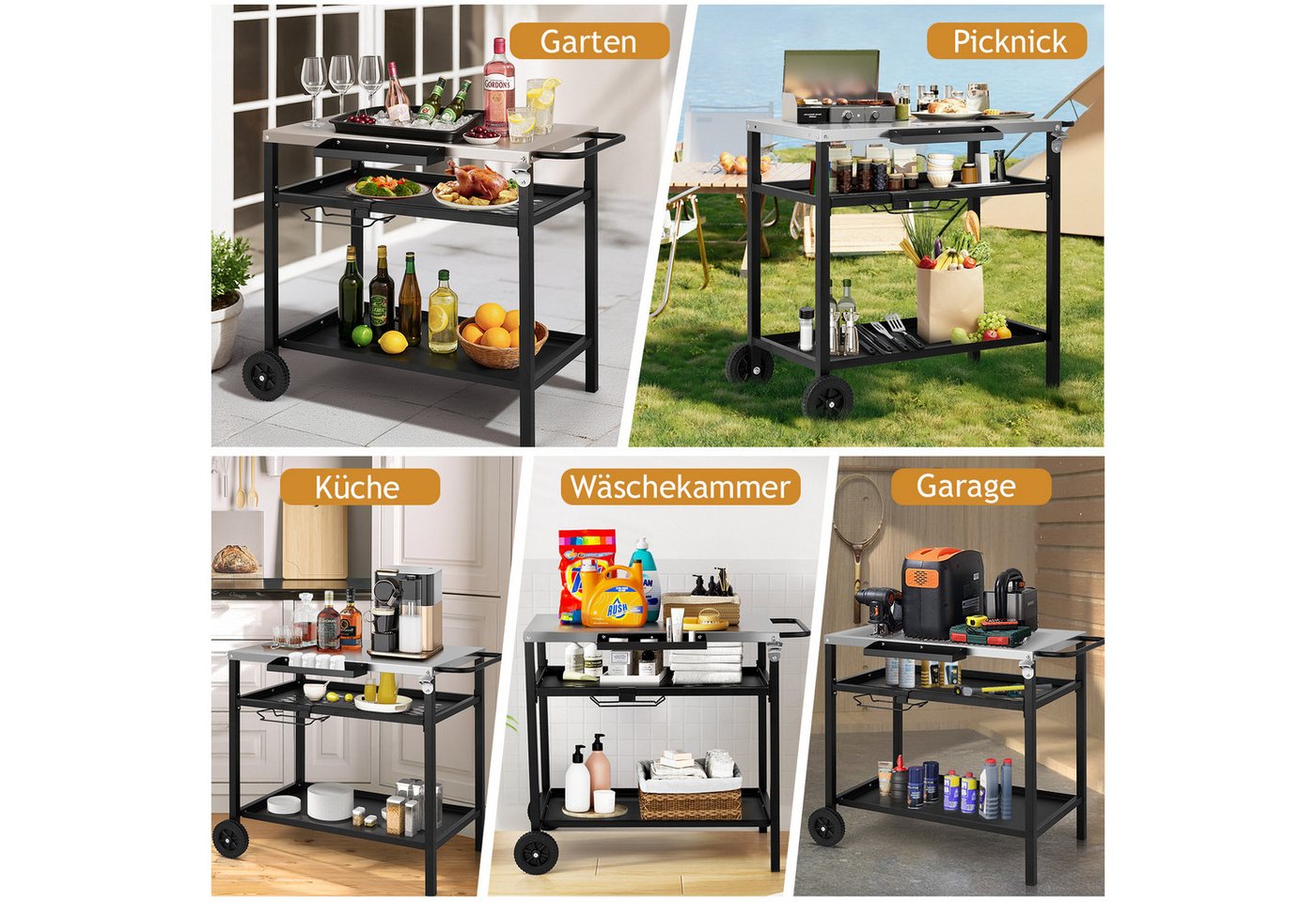 LALAHO Grillablagetisch Grilltisch Outdoor Schreibtisch aus Edelstahl Silber, Beistelltisch mit Rädern und Netzkorb, mobil, 95 x 61 x 83.5 cm Bild 4
