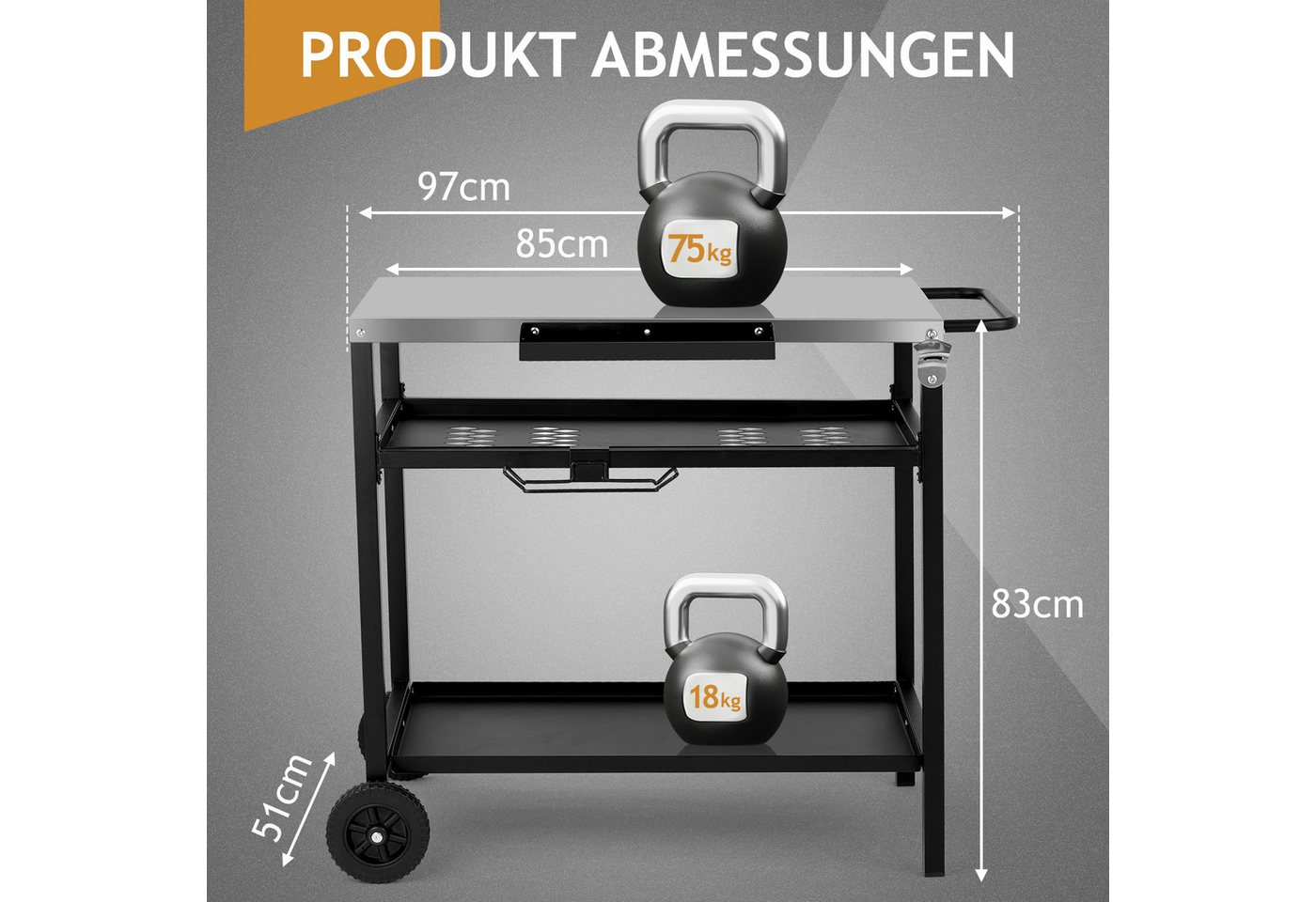 LALAHO Grillablagetisch Grilltisch Outdoor Schreibtisch aus Edelstahl Silber, Beistelltisch mit Rädern und Netzkorb, mobil, 95 x 61 x 83.5 cm Bild 5