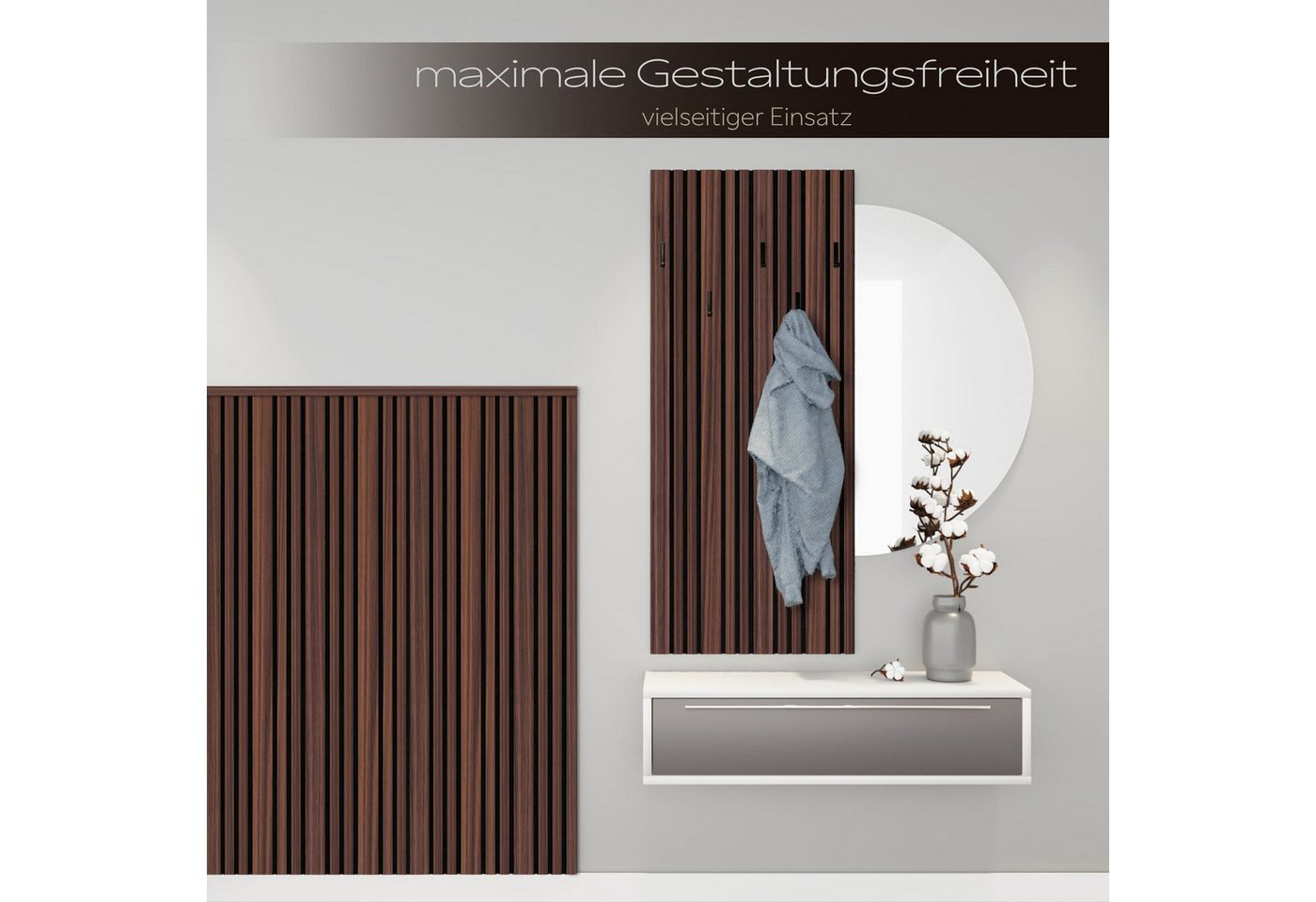 Hexim Wandpaneel, BxL: 60x278 cm, (Akustikpaneele 278x60cm Holz Mila - flexible Holzpaneele Platten Wanddeko Wand Kombipaneel Wandverkleidung Schalldämmung Akustikfilz braun 1.67m² Catania Oak) Bild 2