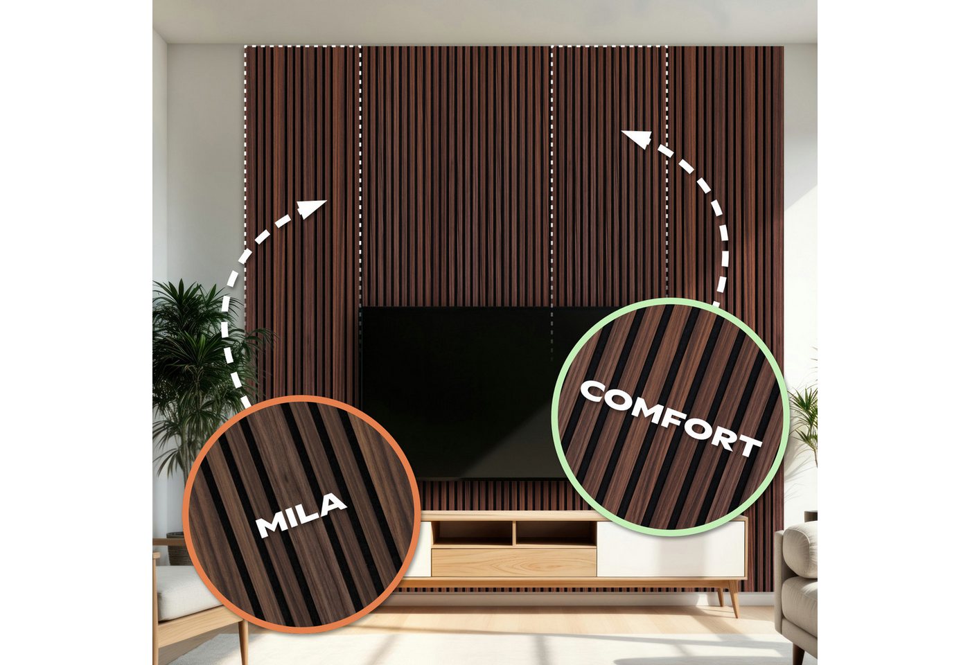 Hexim Wandpaneel, BxL: 60x278 cm, (Akustikpaneele 278x60cm Holz Mila - flexible Holzpaneele Platten Wanddeko Wand Kombipaneel Wandverkleidung Schalldämmung Akustikfilz braun 1.67m² Catania Oak) Bild 3