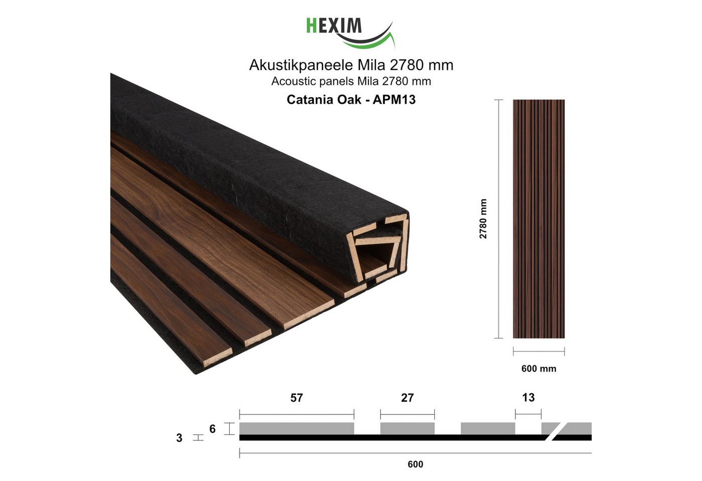 Hexim Wandpaneel, BxL: 60x278 cm, (Akustikpaneele 278x60cm Holz Mila - flexible Holzpaneele Platten Wanddeko Wand Kombipaneel Wandverkleidung Schalldämmung Akustikfilz braun 1.67m² Catania Oak) Bild 5