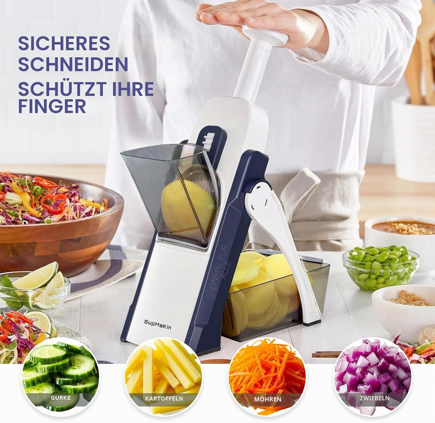 SupMakin Gemüsehobel 4 Schneidmodi verstellbar 0,1–8 mm mit Edelstahlklinge und Behälter, ABS-Kunststoff und Edelstahl, (Set, 3-St., Mandoline, Auffangbehälter und Reinigungsbürste), Edelstahlklinge, Auffangbehälter, Reinigungsbürste, manuell und sicher