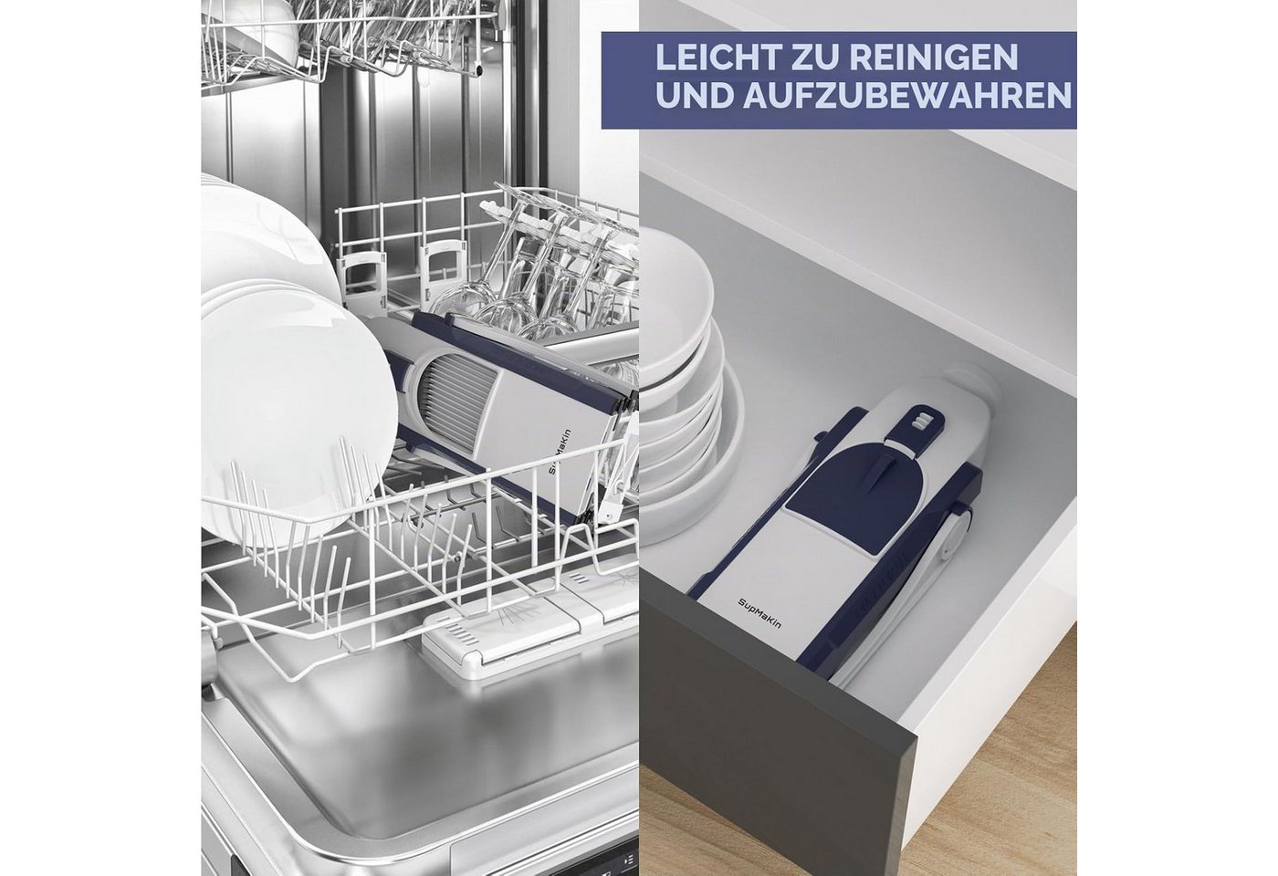 SupMakin Gemüsehobel 4 Schneidmodi verstellbar 0,1–8 mm mit Edelstahlklinge und Behälter, ABS-Kunststoff und Edelstahl, (Set, 3-St., Mandoline, Auffangbehälter und Reinigungsbürste), Edelstahlklinge, Auffangbehälter, Reinigungsbürste, manuell und sicher Bild 3