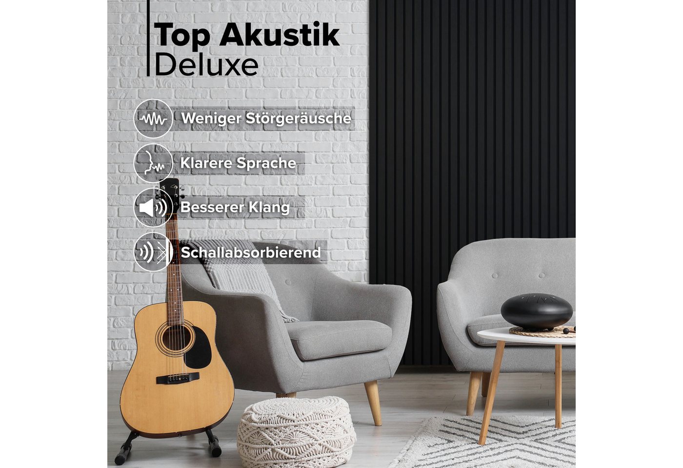 Hexim Wandpaneel, BxL: 30.5x280 cm, (Akustikpaneele 2 Stück 280x30cm Holz Grande - XXL Holzpaneele Platten Lamellen Wandverkleidung Echtholzfurnier 21mm Filz Schalldämmung MDF Schwarz 1,69m² Black Ash) Bild 2